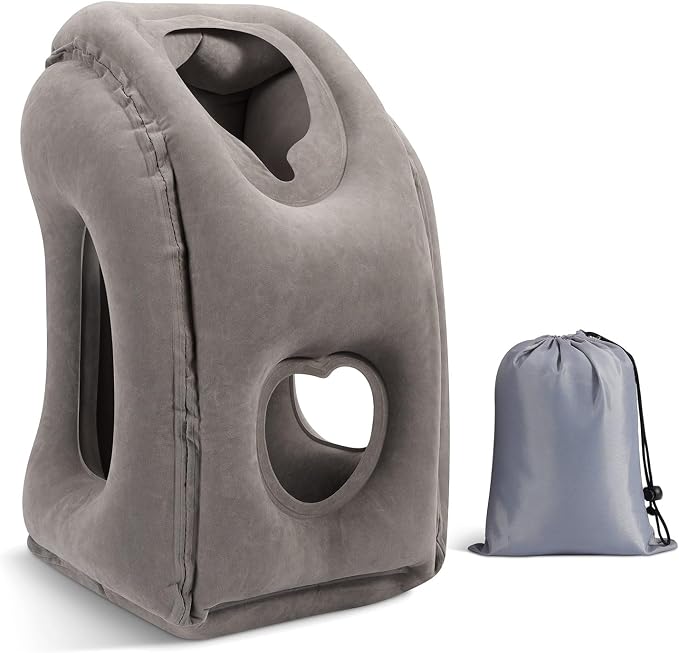 MoKo Inflatable Travel Pillow, Neck Pillow with Storage Bag, Gray | Ergonomic design airplane pillow, optimal neck support. Cutouts to avoid arm numbness. Heart-shaped vent. With storage bag by MoKo