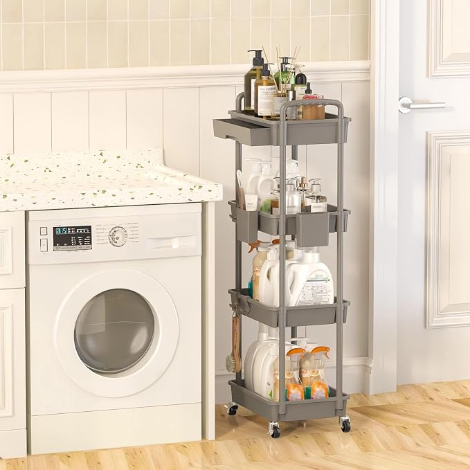 4 Tier Rolling Utility Cart with Drawer, Plastic Storage Organizer Rolling Carts with Wheels Handles Hanging Cups Hooks for Office, Bathroom, Kitchen,Craft Art Room (Grey) - Image 6
