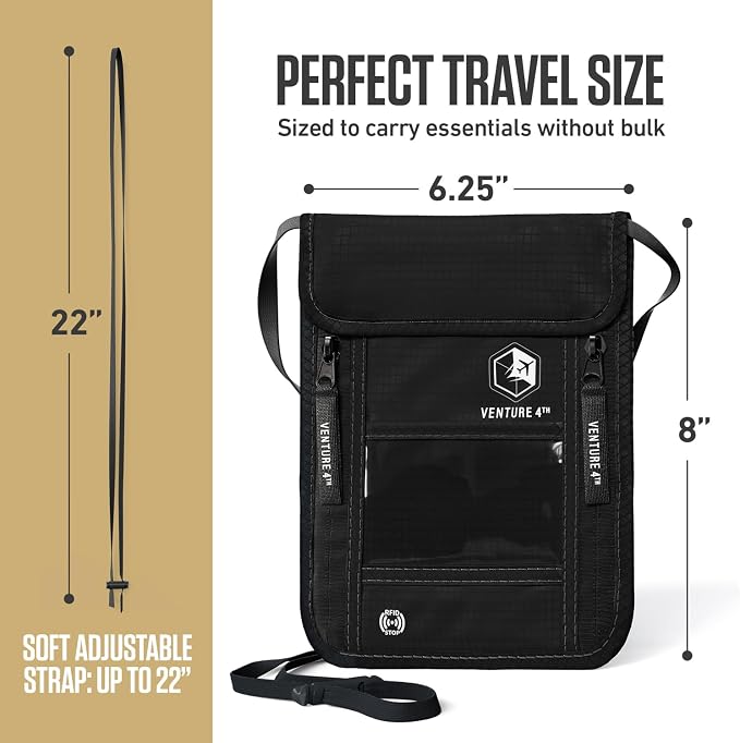 VENTURE 4TH Travel Neck Wallet, RFID Blocking Passport Holder - Pure Black - Image 3