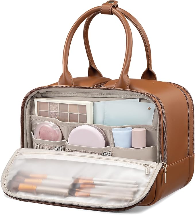 LOVEVOOK Travel Toiletry Bag for women, Leather Large Wide-open Makeup Bag, Waterproof Cosmetic Bag Organizer for Shower, Traveling, Toiletries, Bathroom by LOVEVOOK