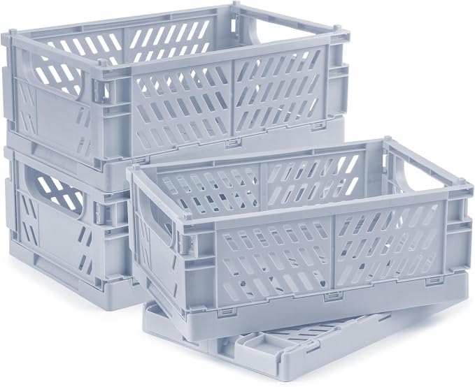 4 Pcs Collapsible Storage Crates, 10x5.9x4 inches Space-Saving Folding Containers, Stackable Plastic Boxes for Home Kitchen Office Bedroom Bathroom, Light Blue by Unknown