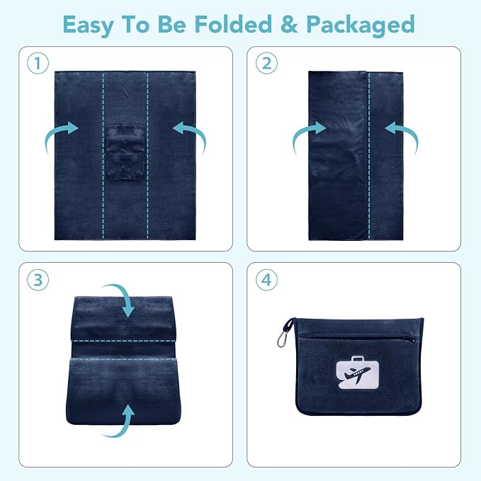 Travel Pillow and Blanket 2-in-1 Set, Navy Blue, 60x50 Inch | Plane Packable , Soft Warm and Lightweight Flannel, Hand Luggage Sleeve and Backpack Clip, Plane Flight Car Trips - Image 8