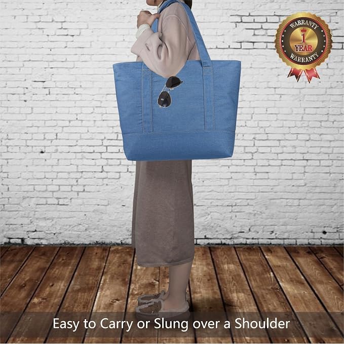 TOPDesign 1-Pack Canvas Tote Bag with an External Pocket, Reusable Grocery Shopping Bag, Top Zipper Closure, Daily Essentials (Medium Blue Demim) - Image 2