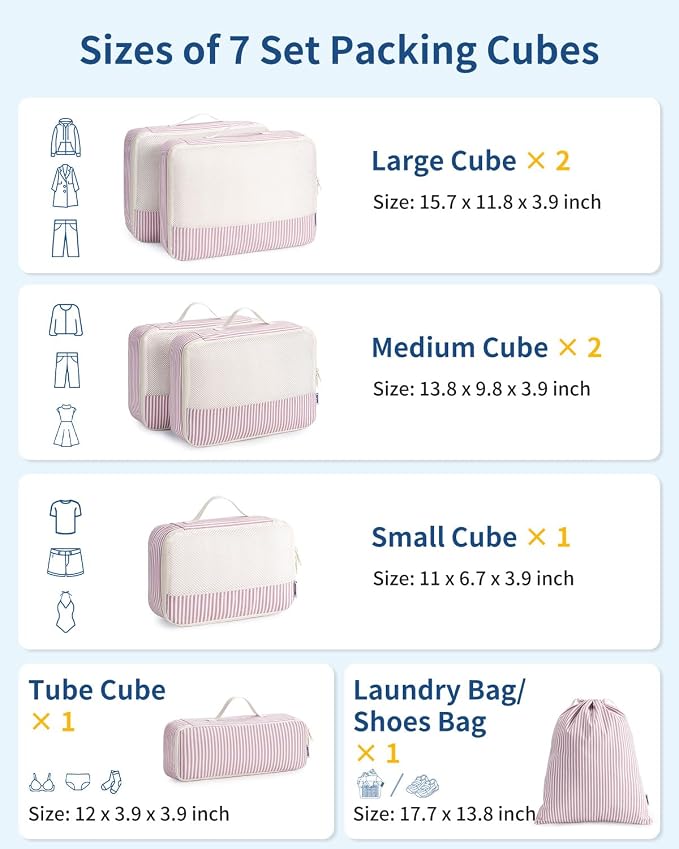 Narwey 7 Set Striped Packing Cubes for Travel Carry on Suitcase, Durable Packing Organizers Bag for Kids Women Men, Duffle Bags Backpack Travel Essentials Accessories (Dusty Pink Stripe) - Image 2