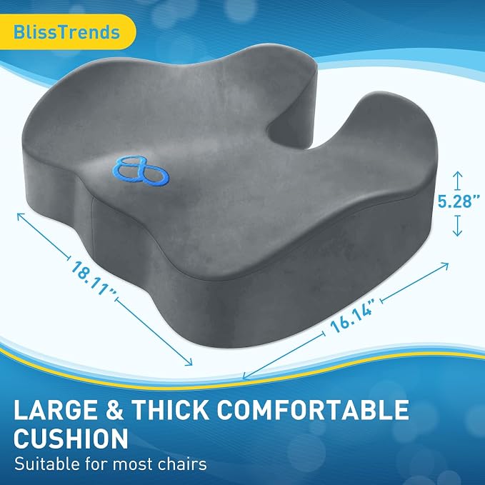 BlissTrends Thick Seat Cushion for Office Chair & Car Seat, XL, LightGrey | 5.2in Memory Foam with Removable Velvet Cover, Ergonomic Tailbone & Sciatica Support for Pressure Relief and Long Sitting - Image 2