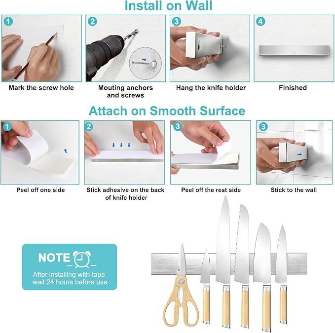 16 Inches Magnetic Knife Strip No Drill, Adhesive Magnetic Knife Holder for Wall, Magnet Knife Holder Wall Mount, Knife Bar Knife Rack Block for Metal Tools Utensils RV Kitchen Organizers and Storage - Image 4