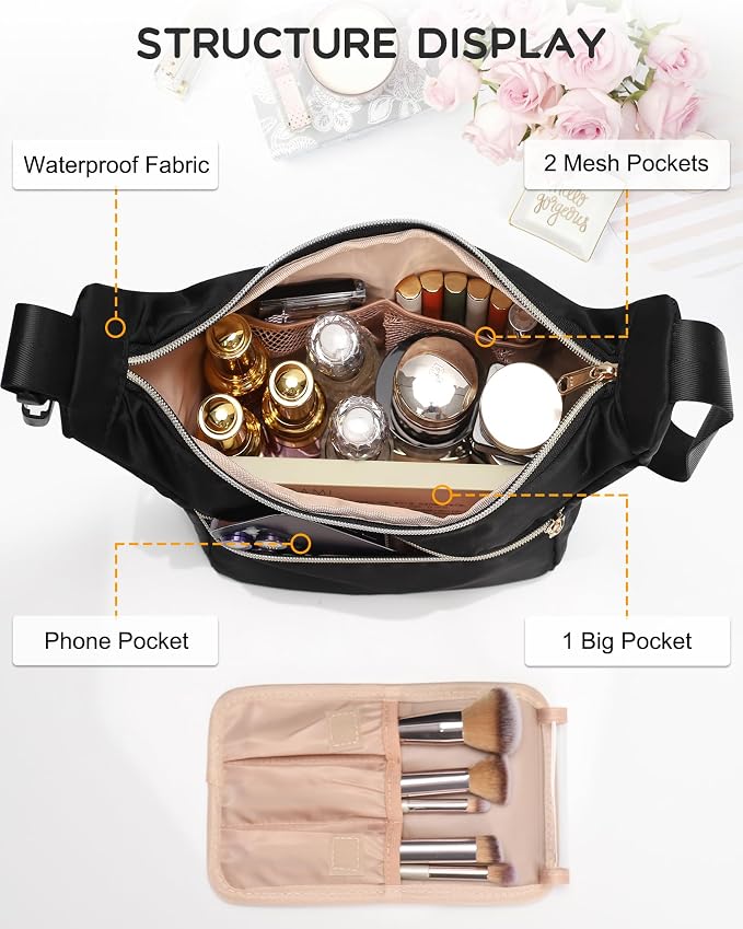 Relavel Portable Makeup Bag for Travel, Separate Makeup Brush Compartment | Cosmetic Shoulder Bag with Removable Buckle, Compact Toiletry Organizer Storage with 3 Small Pockets, Easy to Clean - Image 2