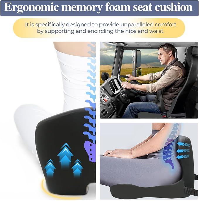 Memory Foam Seat Cushion for Sciatica & Back Pain Relief - Ergonomic Chair Pad with Adjustable Strap & Supportive Comfort Cover, Non-Slip for Car, Truck, Office Chair - Dark Gray - Image 3