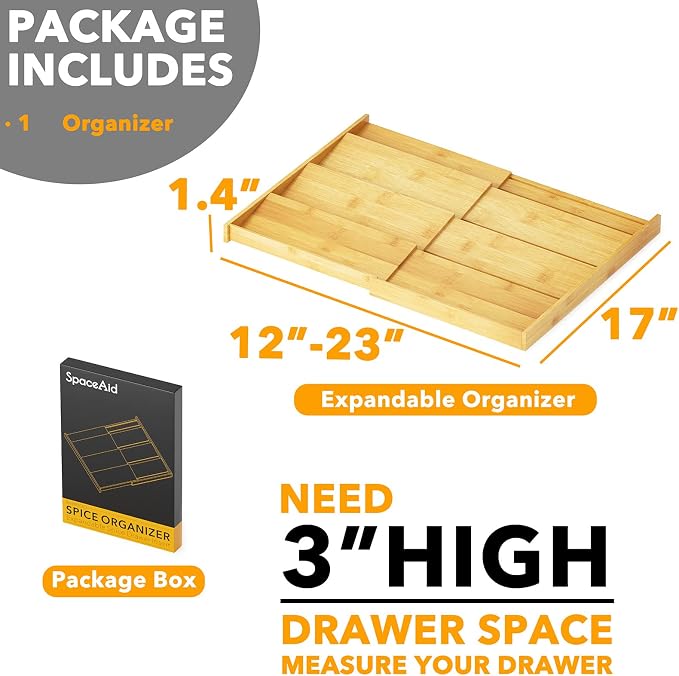 SpaceAid Bamboo Spice Drawer Organizer, (Need 3" Deep Drawer) Expandable 4 Tier Spices Rack for Cabinet, Kitchen Seasoning Storage Insert (Jars Not Included, From 12" to 23" Wide) - Image 5