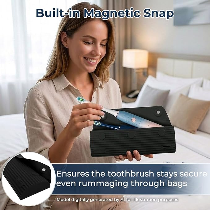 Electric Toothbrush Travel Case with 2 Head Covers, Black | Waterproof Silicone Case Protects Your Electric Toothbrush During Travel, Gym Visits and Business Trips - Image 6