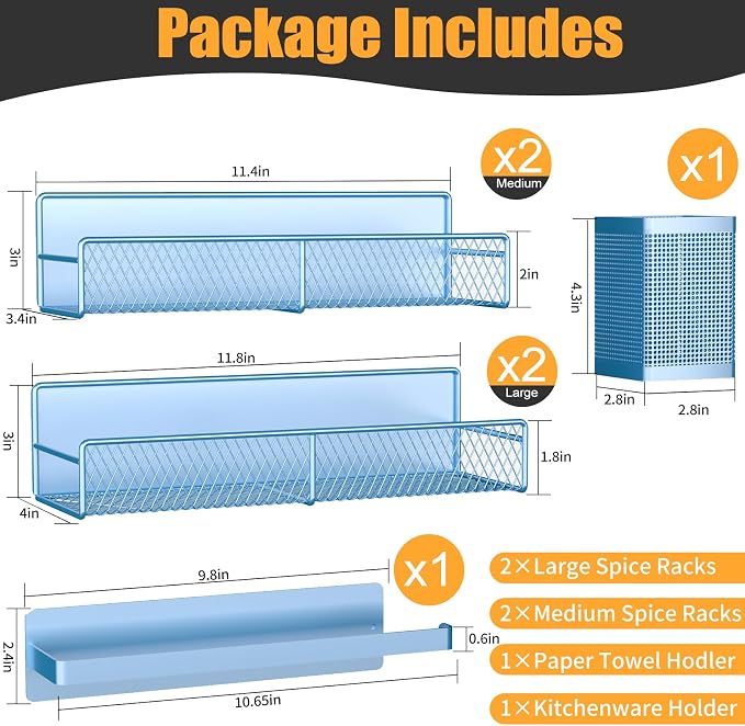 Magnetic Spice Rack for Refrigerator, 6 Pack Metal Magnetic Shelf Blue, Moveable Spice Organizer, Strong Magnetic Storage Fridge Organizer with Paper Towel Holder, Utensils Holder - Image 3