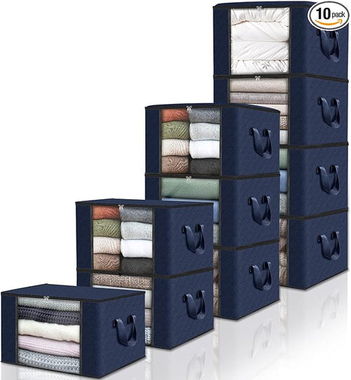 10 Pack Storage Bags for Clothes Blanket Storage Bins with Lids | Foldable Closet Organizers with Zippers,Window and Handles,Fabric Storage Bins for Sweater,Comforter,Bedding,Dorm essentials by Fabtotes