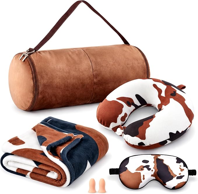 HunnmingRe 5 Pcs Travel Pillow and Blanket Set, 5 in 1 Travel Airplane Compact Includes 40 x 60 Inch Throw Blanket Eye Mask Neck Pillow Earplug and Bag Gifts for Travelers Women(Cow Print,Brown) by HunnmingRe