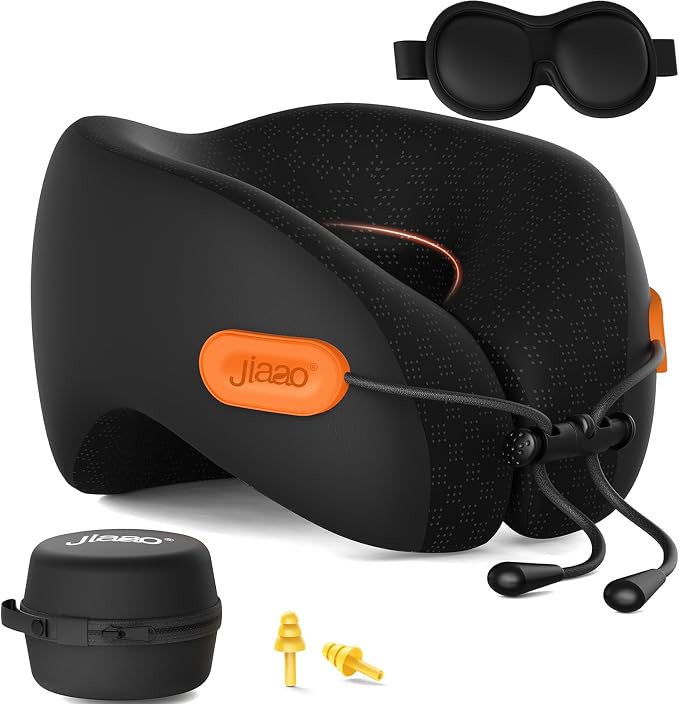 Ergonomic Travel Pillow,100% Memory Foam Travel Neck Pillow for Airplanes | 360° Neck & Chin Support Airplane Pillow For Long Flights,Airplane Travel Essentials With 3d Eye Mask, Earplugs,Carry Case by jiaao