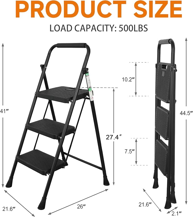 Arbusb Step Ladder, Folding Step Stool with Wide Anti-Slip Pedals, Sturdy Steel Ladder with Handrail, Space-Saving, Portable for Home & Adults, 3 Step Black - Image 4
