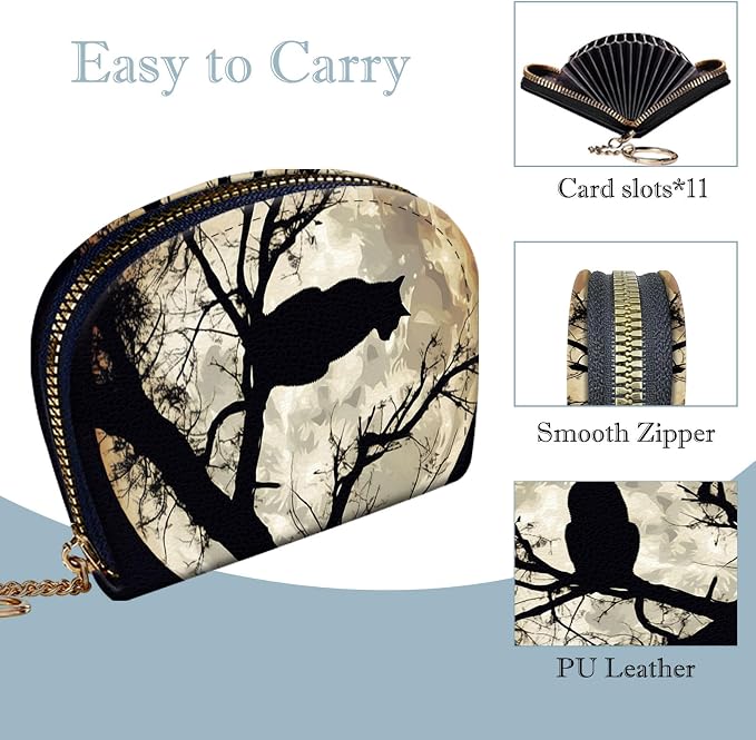 Women's Slim RFID Wallet – Compact Leather Card Holder Wallet for Women, 9 Card Slots RFID Blocking Credit Card Organizer, Small Travel Wallet - Cat and Moon - Image 4