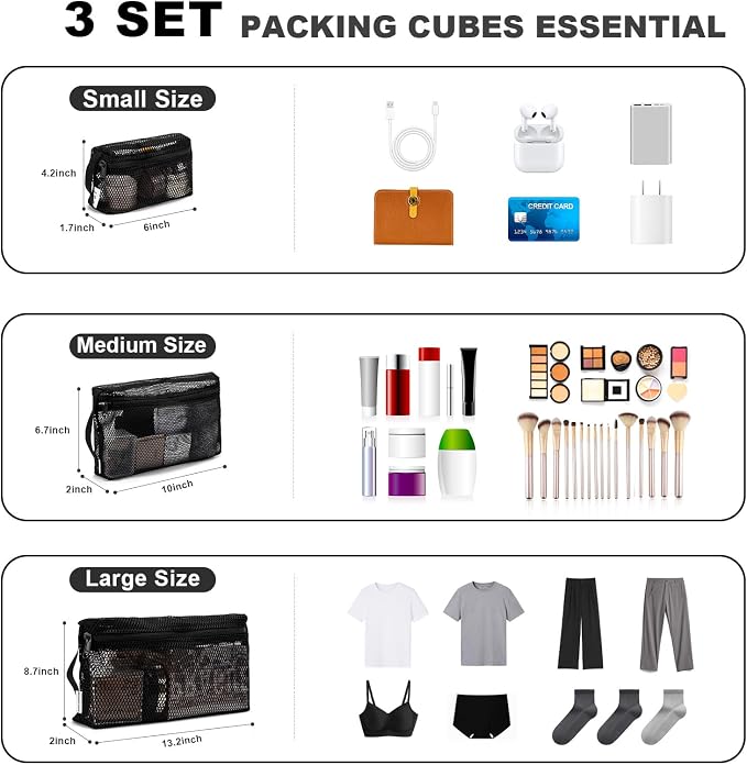 NOL 3-Pack Mesh Travel Toiletry Bags - Clear Zipper Travel Organizer, Airport Carry-On Compliant Reusable Cosmetic Makeup Bag for Women & Men (Black) - Image 2