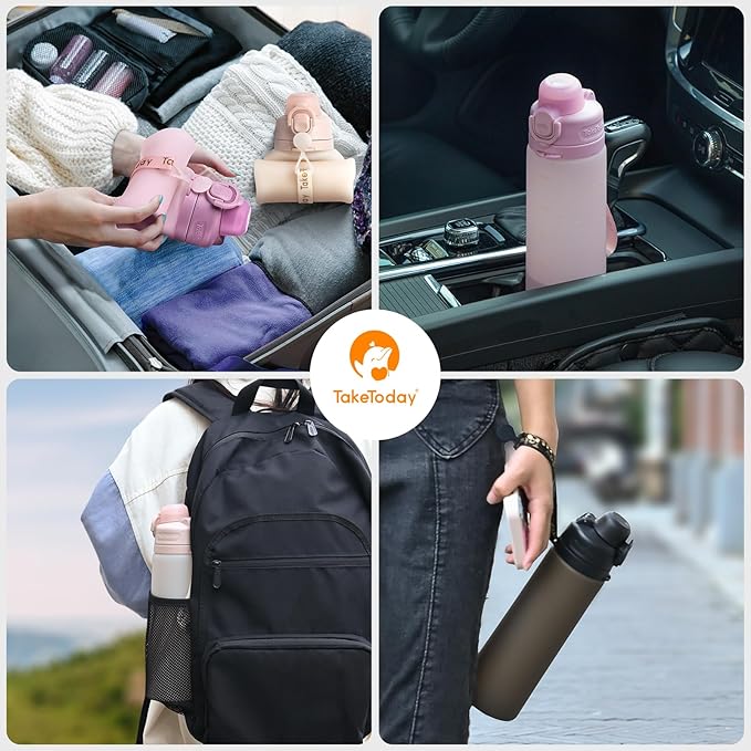 TakeToday Collapsible Water Bottles 21oz (600mL), Foldable Platinum Silicone Travel Water Bottle with Straw & Carry Strap, Leak-Resistant Screw Lid, Wide Mouth, BPA-Free for Hiking, Camping, Travel - Image 4