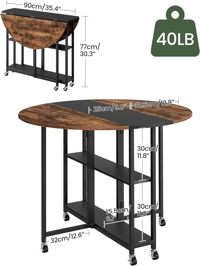 Folding Dining Table, Kitchen Table with 6 Wheels, Folding Round Table with 2-Layer Storage Shelf, Space Saving Dining Table for Small Spaces, Stable, Easy Assembly, Rustic Brown TCZ03BF - Image 3