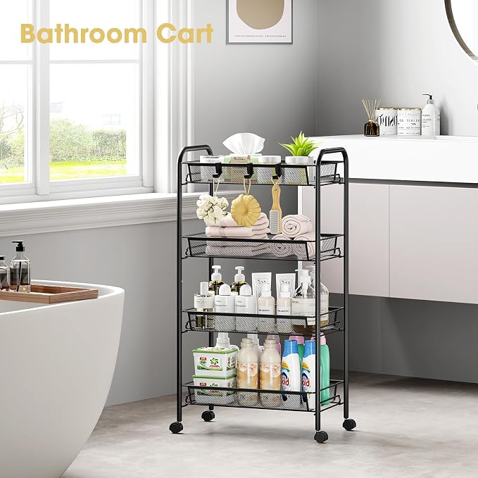 TOOLF 4-Tier Rolling Cart, Metal Utility Cart with 3 Hooks, Easy Assemble Mobile Storage Trolley On Wheels, Metal Shelving Units Kitchen Bathroom Laundry Room - Image 8