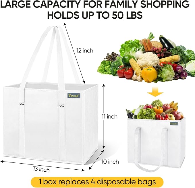 BALEINE 3PK Reusable Grocery Bags, Heavy Duty Shopping Tote Bag | 12'' Long Handles, Reinforced Bottom Keeps Upright, Fold Flat Storage, Water-Resistant Shopping Bag, Multiple Color Options - Image 3