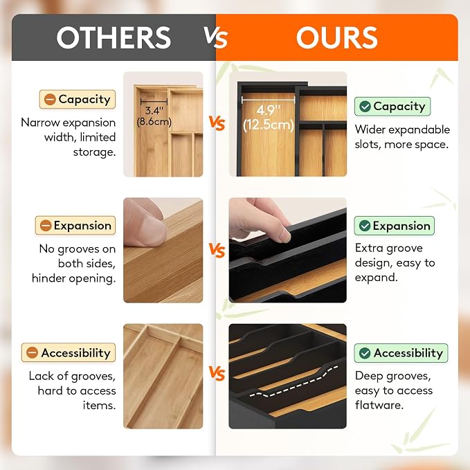 Lifewit Silverware Drawer Organizer, Wooden Utensil Tray for Kitchen | Expandable Flatware and Cutlery Holder, Adjustable Storage for Spoons Forks Knives, 13-22x15", Natural and Black - Image 5