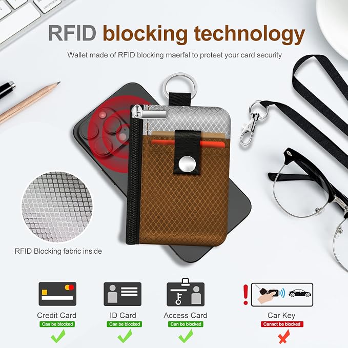 Minimalist RFID Blocking Small Wallet with ID Window,WaterResistant Zip Id Case Wallet with Lanyard Keychain for Cards,Cash,Travel,Women,Men (Brown/Light Grey) - Image 4