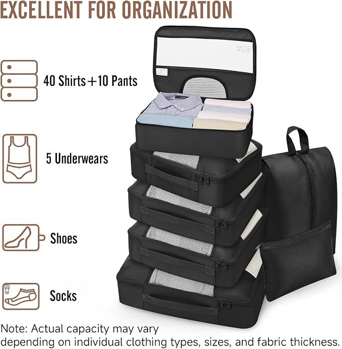 Veken 10 Set Packing Cubes for Travel Essentials,Anti-Wrinkle Buckled Suitcase Organizer for Shoe & Toiletry Bag,Carry On Luggage Bag with 99+ Count Mesh Holes for Airplane & College Dorm Accessories - Image 5