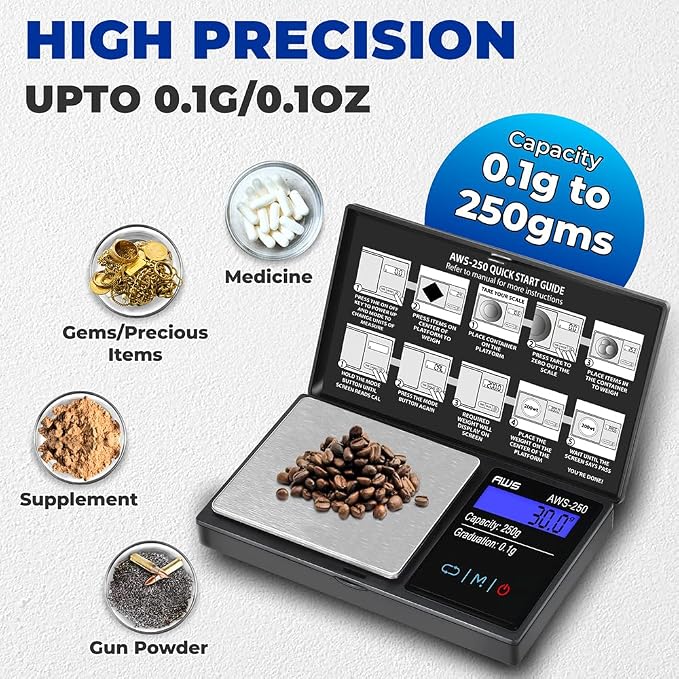 American Weigh Scales Series Digital Pocket Weight Scale Accurately Measures, Backlit LCD Display 250g x 0.1g, (Black), AWS-250-BLK - Image 4