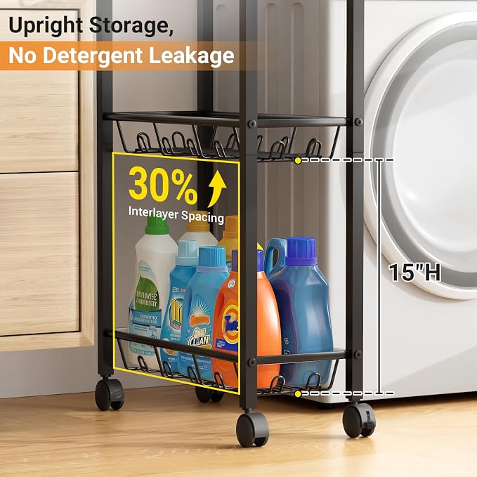 AOODA Laundry Room Cart with Top Detergent Holder, Metal Rolling Storage Cart Between Washer and Dryer, 3 Tier Narrow Laundry Room Organization and Storage with Wheels (Pure Black) - Image 4