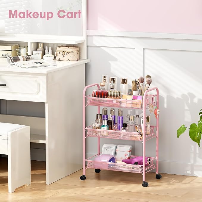 TOOLF 3 Tier Rolling Cart, Metal Utility Storage Cart with Wheels, Pink | 3 Hooks, Screwless Assembly, Trolley Organizer for Bathroom, Kitchen, Office, Nursery, Dorm, Laundry Room - Image 5