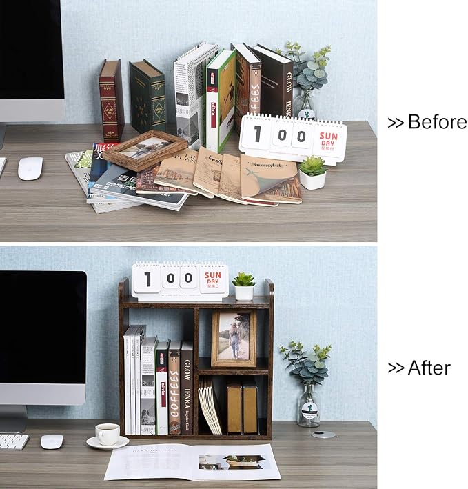 Desktop Shelf Freestanding Wood Small Bookshelf Desk Supplies Organizers and Accessories Storage Display Rack Office Decor for Women, Antique Brown - Image 5