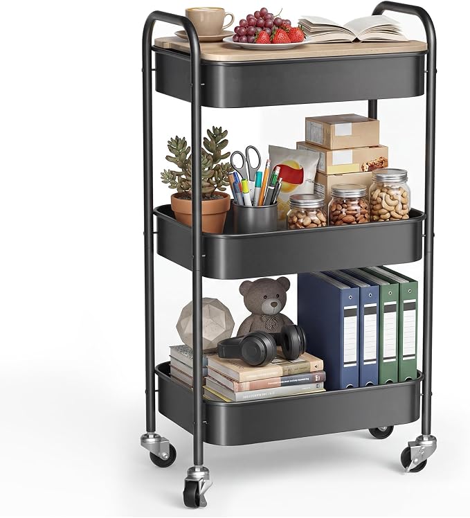 DTK 3 Tier Rolling Cart with Wheels, Heavy Duty Metal Utility Cart, Mobile Storage Organizer with Lockable Casters, Multi-Purpose Rolling Cart for Nursery, Bathroom, Kitchen, Office, Classroom by DTK