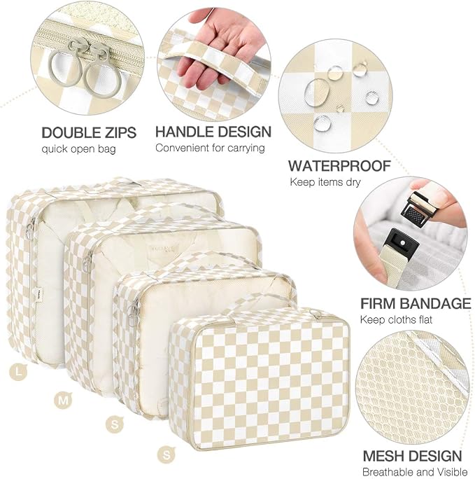 8 Set Packing Cubes for Suitcases,Packing Cube with Shoe, Cosmetics, Clothing, and Accessories Bags Packing Cubes for Travel Luggage Organizer Women Men(Khaki Checkered) - Image 3