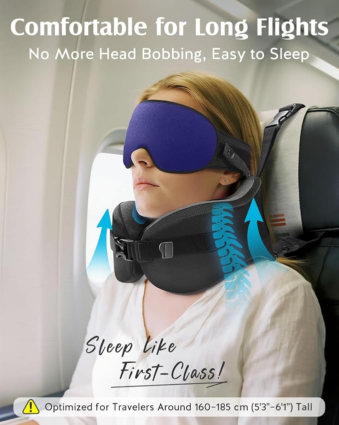 YFONG Travel Pillow with Head Support & Sleep Mask for Long Flights, Blue | Patented 360° Support System, Prevents Bobbing, Airplane Head Strap, 3D Eye Mask, Memory Foam Neck Pillow, Travel Essential - Image 2