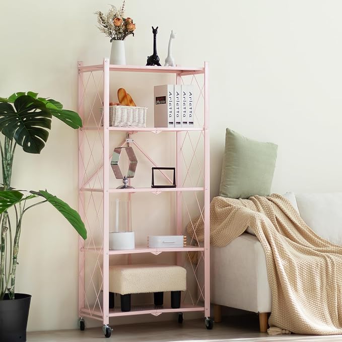BRIAN & DANY 5-Tier Foldable Storage Shelves with Wheels, Folding Metal Rack Shelving Unit, Heavy Duty No Assembly Organizer Shelf for Garage, Kitchen, Basement, Pantry, Pink - Image 9