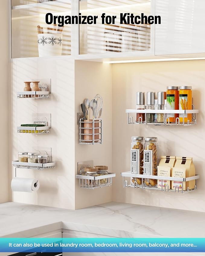 Shower Caddy 7 Pack, Adhesive Bathroom Shower Organizer for Bathroom Storage, No Drilling Large Capacity Rustproof Stainless Steel Shower Shelves Rack for Bath, Silver - Image 9