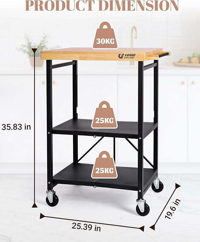 Foldable Kitchen Storage Cart, Solid Oak Top, Locking Wheels | Foldable 3-tier kitchen cart with solid oak top, metal frame and lockable wheels for a microwave, toaster oven and meal prep. - Image 4
