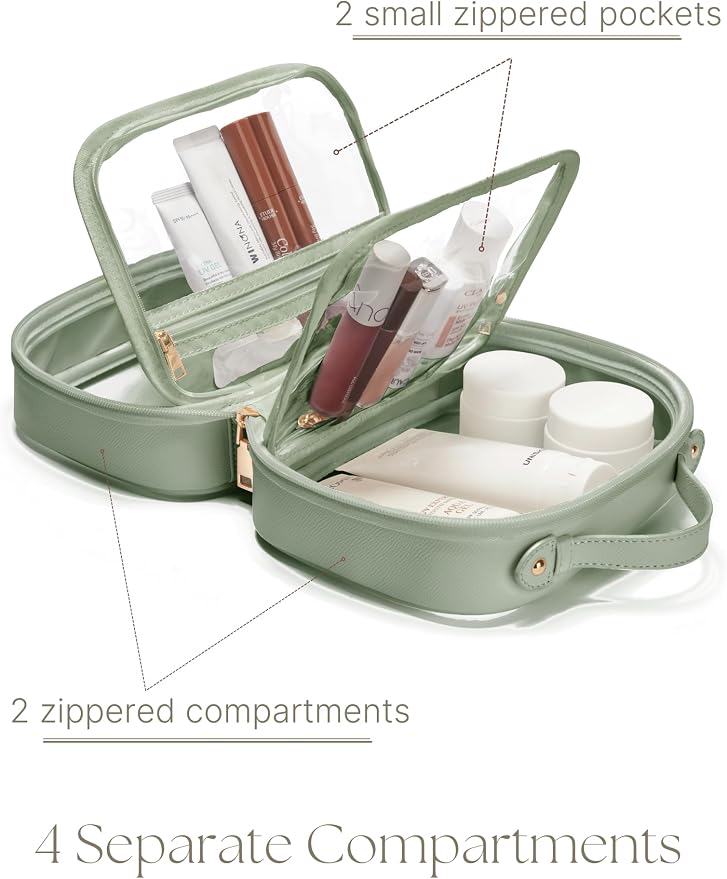 Clear Cosmetic Bag Double Layer Travel Toiletry Bag Clear Makeup Bag Case with 4 Compartments, Transparent Travel Bag for Toiletries, Large Toiletry Bag for Women Cosmetic Case (Sage Green, Large) - Image 3