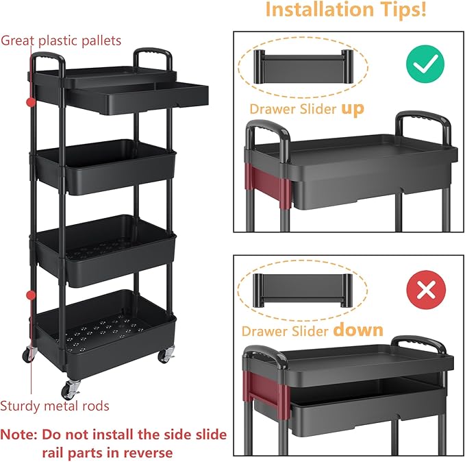 Calmootey 4-Tier Utility Cart with Drawer & Wheels, Storage for Home,Office | Space-Saving Organizer, Sturdy Plastic Shelves, Smooth-Rolling Metal Wheels, Built-in Drawer for Small Items, Black - Image 6