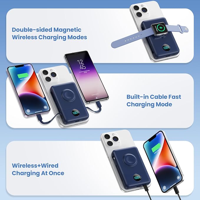 Magnetic Portable Charger 10800mAh with Built-in Cables,Wireless Power Bank for Magsafe,25W PD Fast Charging USB-C Travel Essentials Battery Pack for iPhone 17/16/15/14/13/12 Series,Apple Watch-Blue - Image 3