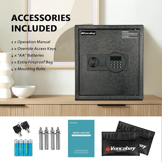Voncabay Money Safe Box for Home with Digital Keypad, 1.5 Cu. Ft., Black | Alloy Steel, 2 Fireproof Bags, Digital Keypad with Display, Removable Shelf, Alarm System, 14 x 13 x 13 In. - Image 5