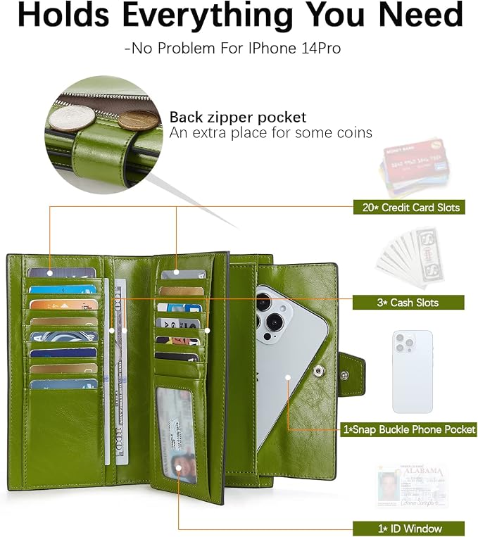 BOSTANTEN Womens Leather Wallet RFID Large Capacity Credit Card Holder | 20 Card Slots, Phone Holder, Zipper Coin Pocket, Clutch Wallet, Long Bifold, Ladies Gifts, Green - Image 3