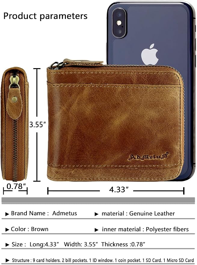 Admetus Mens RFID Blocking Wallets Zipper Leather Wallet for Men Bifold RFID Card Holder - Image 5