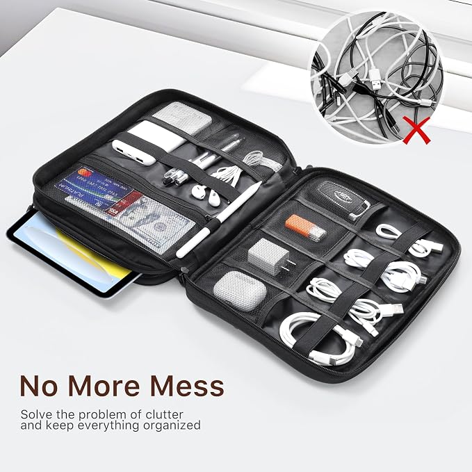 Dadanism Electronics Travel Organizer Case, Double Layers Cord Organizer | Travel All-in-One Storage Bag for Cable, Cord, iPad, Chargers, fits 9-11'' Tablets, Portable Tech Accessories Bag, Black - Image 6