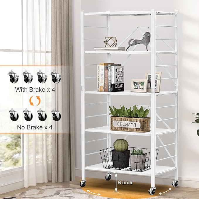 Himix 5-Tier Foldable Storage Shelves with Wheels Expandable Kitchen White | Folding shelving units, Metal collapsible organization, Changeable into 2 shelf units, Garage, Adjustable, Holds 2400 Ibs - Image 7