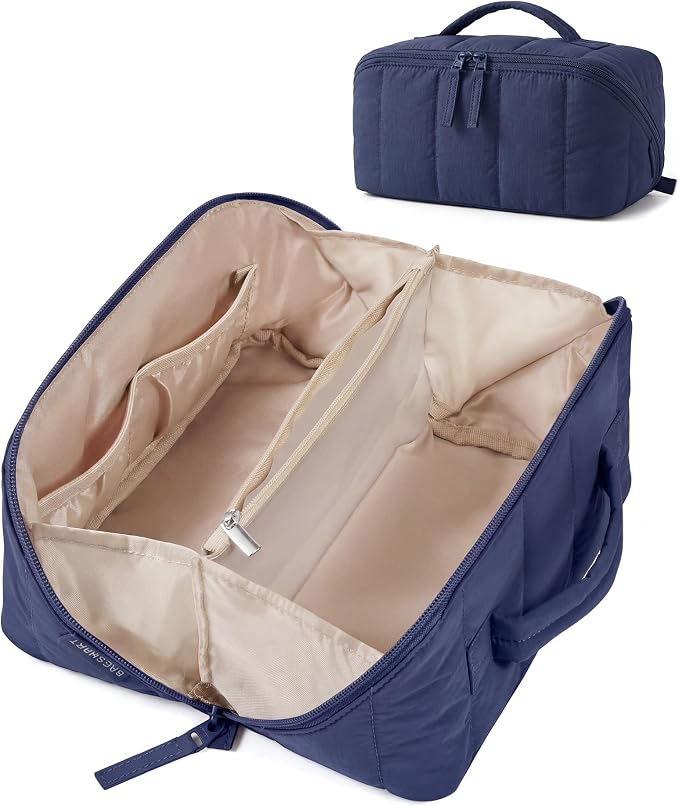 BAGSMART Puffy Travel Makeup Bag Toiletry Bag for Women, Navy Blue | Open Flat, Portable, Make Up Organizer, Water-resistant, Puffy Padded, For Toiletries, Brushes by BAGSMART