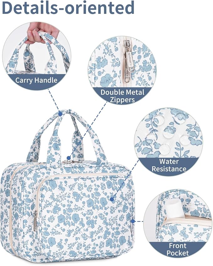 Narwey Hanging Floral Toiletry Bag for Women Travel Makeup Bag Organizer Toiletries Bag for Travel Size Essentials Accessories Cosmetics (Blue Flower (Medium)) - Image 7