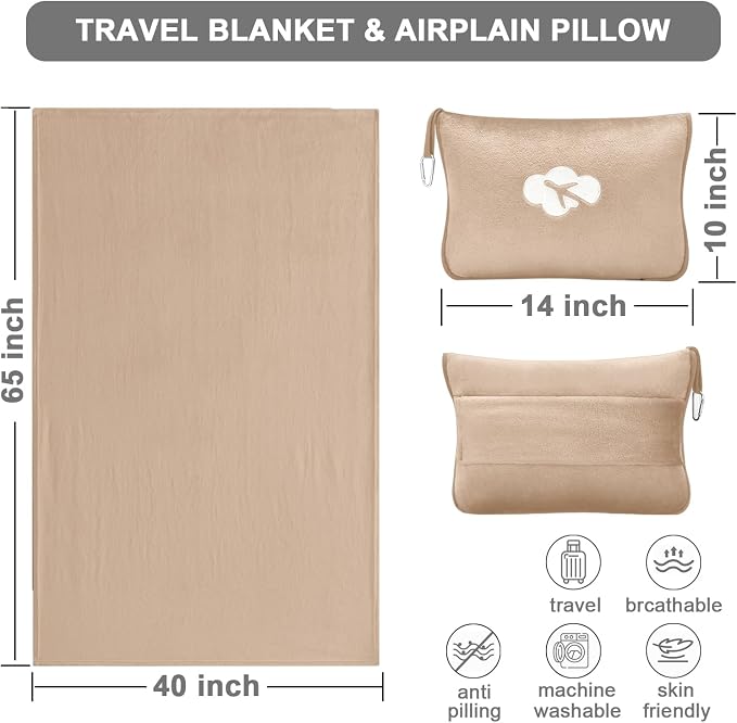 Travel Blanket and Pillow Compact, Premium Soft 2 in 1 Airplane Blanket with Soft Bag Pillowcase，Hand Luggage Sleeve and Backpack Clip (Brown) - Image 2