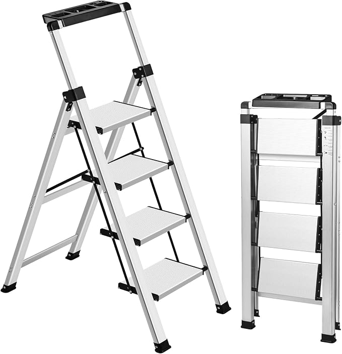 4 Step Ladder, Aluminum Folding Stool with Retractable Handgrip | 330 lbs Heavy Duty | Lightweight | Removable Tool Tray | Non-Slip Pedals | Slim Fold for Kitchen, Garage, Library & Closet by XinSunho